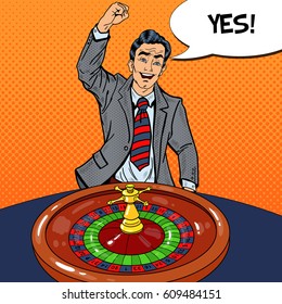 Happy Man Behind Roulette Table Celebrating Big Win. Casino Gambling. Pop Art Vector retro illustration