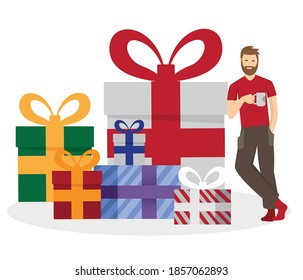 Happy man with big gift box, online reward, vector illustration concept. new year gift concept.
