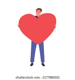 Happy man with big heart in hands. Guy hugging valentine gift. Love feeling, solidarity, charity, generosity concept. Kind generous person. Flat vector illustration isolated on white background