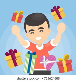 Happy man with birthday gifts. Colorful boxes with decoration.