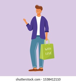 Happy man with birthday present flat vector illustration. Party celebration. Joyful standing young boy. Full body cheerful guy with gift bag isolated cartoon character on violet background