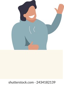 Happy man at the blank poster. Advertising and message