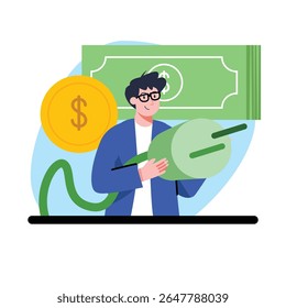 Happy man in blue jacket is holding green plug, standing in front of currency and coin in a light blue setting, depicting financial concept and suitable for business presentations and marketing.