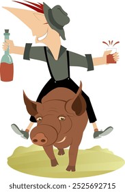 Hombre feliz con una botella de vino monta en el cerdo. 
Granjero de dibujos animados o vaquero con una botella de vino y vaso de vid se sienta en el cerdo grande. Ilustración sobre fondo blanco
