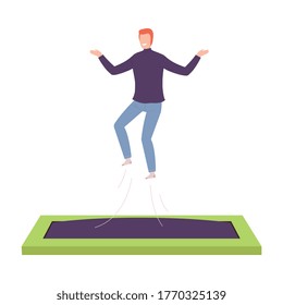 Happy Man Bouncing on Trampoline, Active Healthy Lifestyle Flat Style Vector Illustration
