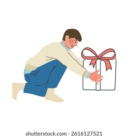 Happy man, boy, father puts a gift in a box tied with a bow. Vector flat holiday illustration.