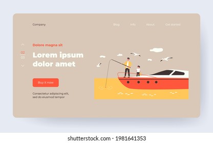 Happy man and boy fishing from yacht. Sea, water, seagull flat illustration. Weekend, hobby and leisure concept for banner, website design or landing web page