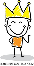 Happy man boy in a gold crown. hand drawn doodle line art cartoon design character - isolated vector illustration outline . Boy standing like a king
