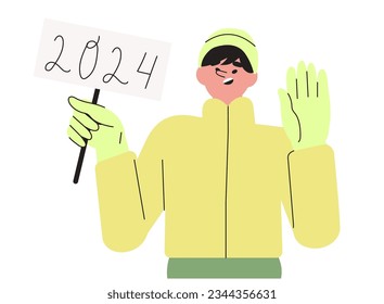 Happy man, boy, teenager hold banner or placard with numbers 2024. Smiling male character in winter outfit congratulate with Christmas and New Year holidays. Holiday greeting vector illustration.