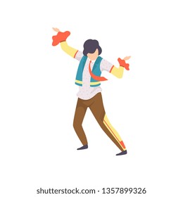 Happy Man in Bright Costume Dancing at Folklore Party, Festa Junina Brazil June Festival. Vector Illustration.