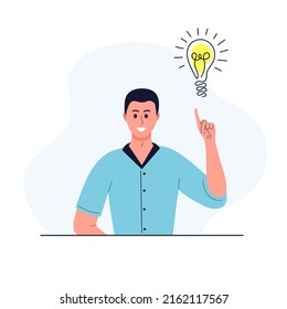 Happy man with bright yellow light bulb. Businessman find idea. Solution of the problem. Vector illustration.