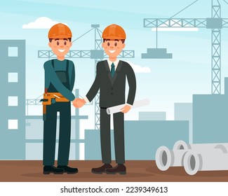 Feliz Man Builder en Sombrero duro y señalización uniforme con arquitecto en la ilustración del vector de construcción