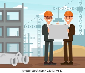 Happy Man Builder in Hard Hat with Draft at Construction Site Vector Illustration