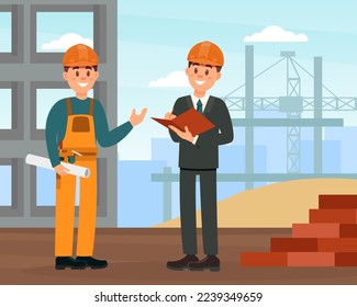 Happy Man Builder in Hard Hat and Uniform at Construction Site Vector Illustration