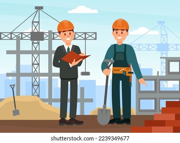 Happy Man Builder in Hard Hat and Uniform Talking with Architect at Construction Site Vector Illustration