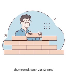 Happy man building wall with bricks. Business start from first brick. Startup. Building and construction industry concept. Young man worker cartoon character builder.  Flat design. Vector illustration