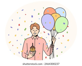 Happy man with bunch of balloons and cupcake with candle celebrate birthday. Smiling guy with cake have fun greeting with anniversary or special occasion. Vector illustration.