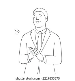 Happy man businessman claps his hands. Gesture of admiration. Hand drawn vector illustration. Black and white.