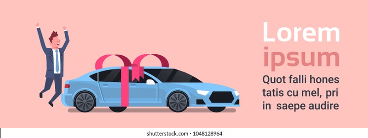 Happy Man Buy New Car Over Vechicle With Ribbon And Bow Background