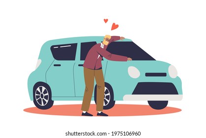 Happy Man Buying Car. Cheerful Male Vehicle Owner Hugging With Love New Auto. Driver With Auto. Automobile Ownership Concept. Cartoon Flat Vector Illustration