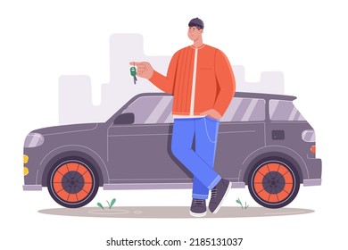 Happy man buying new car vector illustration. Cartoon male driver character holding key in hand, young owner standing near modern own car transport on city street, vehicle purchase deal of young guy