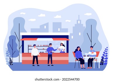 Happy Man Buying And Putting Food On Tray At Street Food Stall. Couple Eating Hamburgers At Table Outdoors Flat Vector Illustration. Street Food Concept For Banner, Website Design Or Landing Web Page