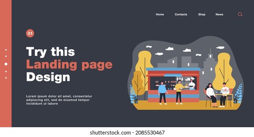Happy man buying and putting food on tray at street food stall. Couple eating hamburgers at table outdoors flat vector illustration. Street food concept for banner, website design or landing web page