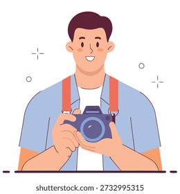 A happy man with a camera, wearing a strap over his blue shirt, ready to capture moments. Perfect for illustrating photography hobbies and travel adventures.