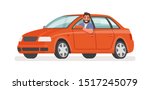 Happy man in the car. Motorist driving a vehicle on an isolated background. Vector illustration in cartoon style