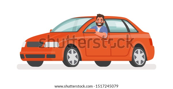 Happy\
man in the car. Motorist driving a vehicle on an isolated\
background. Vector illustration in cartoon\
style