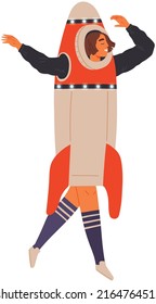 Happy man in cardboard or plastic rocket suit. Creative guy in self made costume dancing alone. Outfit for holiday in cosmic style. Dance of male character wearing spacesuit at costume party