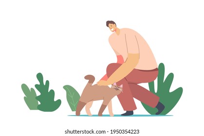 Happy Man Caress Cat. Male Character Caring of Pet Kitten. Leisure, Communication, Love, Care of Animals Concept. Friendship between Human and Feline Animal Concept. Cartoon People Vector Illustration