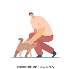 Happy Man Caress Cat. Male Character Caring of Pet Kitten, Care of Animals Concept. Leisure, Communication, Love, Friendship between Human and Feline Animal Concept. Cartoon People Vector Illustration