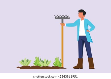 Happy man caring about interior potted plants. Home gardening and growing houseplants concept. Colored flat vector illustration isolated. 