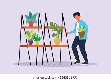 Happy man caring about interior potted plants. Home gardening and growing houseplants concept. Colored flat vector illustration isolated. 