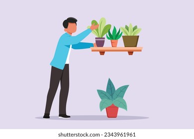Happy man caring about interior potted plants. Home gardening and growing houseplants concept. Colored flat vector illustration isolated. 
