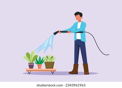 Hombre feliz preocupado por las plantas de macetas interiores. El concepto de jardinería doméstica y de plantas para el cultivo de la casa. Ilustración vectorial plana de color aislada. 