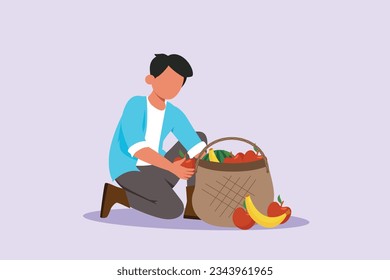 Hombre feliz preocupado por las plantas de macetas interiores. El concepto de jardinería doméstica y de plantas para el cultivo de la casa. Ilustración vectorial plana de color aislada. 