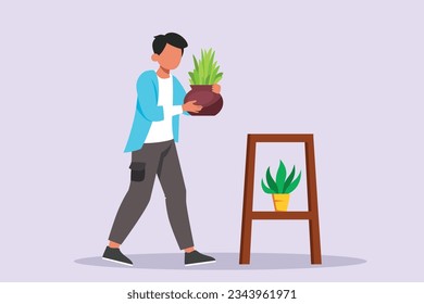 Happy man caring about interior potted plants. Home gardening and growing houseplants concept. Colored flat vector illustration isolated. 