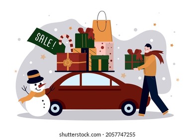 Happy man carries christmas gifts to car. Concept of sale for holiday and event. Cartoon guy buying present with discount. Shopping for new year. Winter holidays and boxing day. Vector illustration