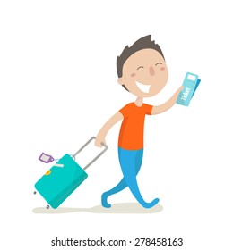 A happy man carries his luggage and holds in his hand boarding pass. Flat design. Vector illustration.