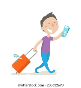 A happy man carries his luggage and holds in his hand boarding pass. Flat design. Vector illustration.