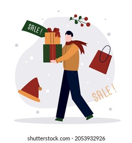 Happy man carries Xmas present. Cartoon guy give holiday gift. Concept of celebrating new year and christmas. Young adult holding purchases. Winter holidays and boxing day. Flat vector illustration