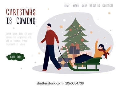 Happy man carry girl on sled for shopping to Xmas. Cartoon woman sledding. Concept of new year and christmas. Buying present with sale. Template, landing page. Holiday with family. Vector illustration