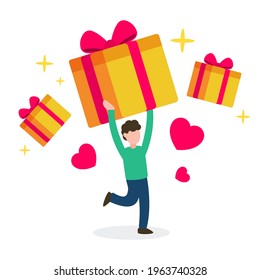 Happy man carrying a big present box. The creative idea of earning a reward, gift, or prize. Concept of celebration. Simple trendy cute cartoon character vector illustration. Modern flat style.