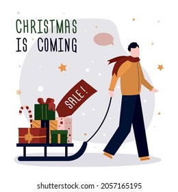 Happy man carrying bunch of Xmas presents on sleigh. Cartoon guy carries lot of holiday gift on sled. Concept of celebrating new year and christmas. Winter holidays and boxing day. Vector illustration