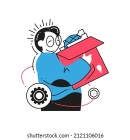 Happy man carrying cardboard full of personal things leaving change work career growth with new idea vector flat illustration. Male employee rejoice fired with gear working business entrepreneur