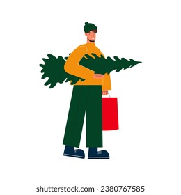 Happy Man carrying Christmas tree and shopping bag vector flat illustration. Christmas shopping.
