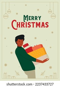 Hombre feliz llevando cajas de regalos, y regalos, en Navidad y Año Nuevo. Ilustración vectorial plana para banner, tarjeta de invitación y afiche