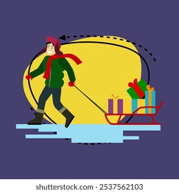 Happy man carrying gifts on sled illustration. Positive guy in cap with ear flaps walking with sled on ice. Christmas delivery concept